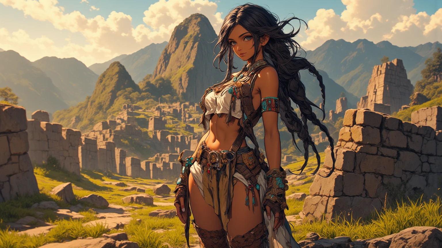 (((Simon Bisley))), (((Frank Frazetta))), ((((absurdists))), (((best quality))), (((masterpiece))), voluptuous 35-year-old muscular Aztec woman, feather headdress on her head, pre-Columbian warrior, war paintings by the body, perfect and proportional body, dark-skinned indigenous warrior wearing very few clothes and many necklaces and adornments by the body, long straight hair, clothing made of patches, tiny thong all torn, Holding a saddlebag and walking among Aztec pyramids, mountain ranges in the background, lots of heat, she is sweaty and her black skin glows under the scorching sun, coarse armor on her left arm