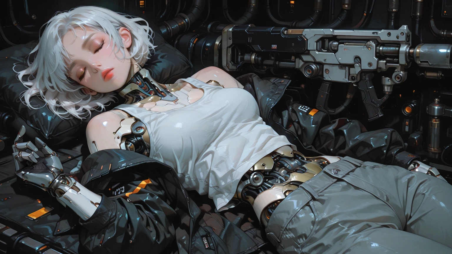 1 girl has no arms, the defeated mech smokes, (behind the arm: 1.1), dirty cracks + body, deadly Medusa,
photography, masterpiece, best quality, HDR, high resolution, realistic detail,
40K, HDR, high resolution, blurred background, from above, CCTV,
expressionless, stains,
Unable to fall,
(amputation: 1.2), (lying on a broken street + burning crack: 1.2), (amputation: 1.1), (closed eyes: 1.2), (physical injury: 1.1), (serious injury: 1.1),
cowboy shooter, caustic, alone, mecha musumui, mechanical parts, robot joints, single mecha hanica arm,
, complex mechanical tights, mecha corsets, fully armored, very, very long hair, white hair, (black armor), hair between the eyes,