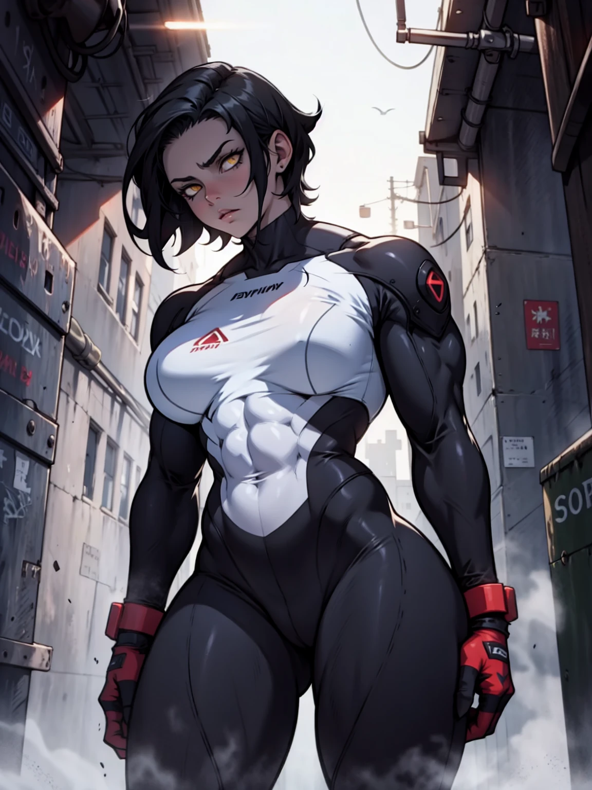 (((muscular, thick thighs, small breasts, tight clothes, toned body, 1 girl))), black hair, pale skin, yellow eyes, angry, solo
