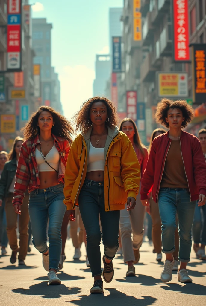 From the previous image, make me a picture of some women walking on the street holding hands with other men. , White women, black men, asian, indians