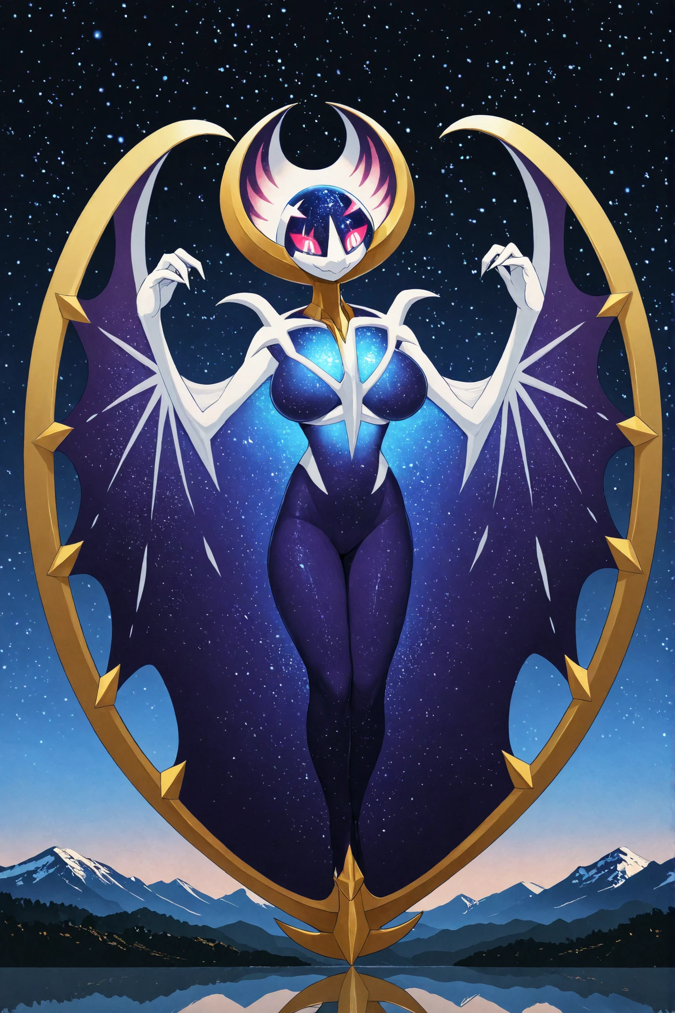 1girl,mature female,30s,sensual,black armor,cleavage,medusa hair,pointy ears,black hair((red skin,colored skin)),night,moon,night sky,floating,evil smile,dynamic pose,demon horns, demon wings,
