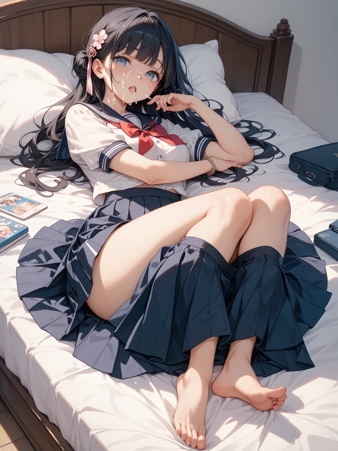 (1 person、alone), Beautiful woman, (Anatomically perfect body, thin、(Pretty Girl JC、Sailor suit:1.2)、 (Baby Face:1.2)、、(Highest quality)、Black Hair, (Half Up:1.2), classroom、(8k, High resolution)、(shy:1.4)、Small breasts, (thin脚、Small Ass)、(vapor:1.1), (Embarrassing:1.3), Black socks、Brown Loafers、High resolutionの顔、Wide Shot、(Pussy juice on panties:1.2), (Extremely detailed white panty), (Cameltoe in panties:1.4), (Lying on the floor:1.3)、(Holding my knees、Put your knees on your chest:1.1), Open your legs, Watery eye