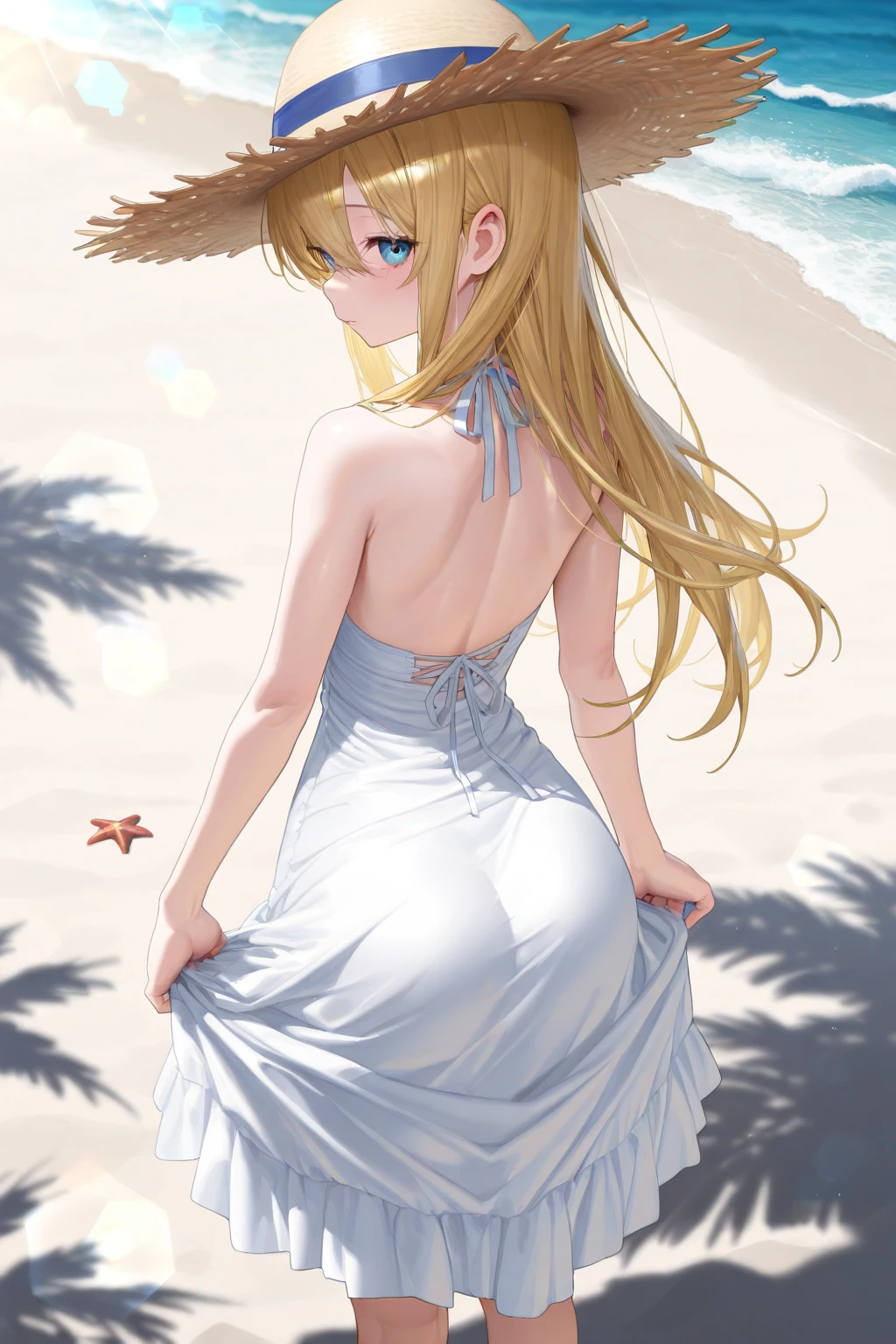 Woman in bikini posing on the beach next to palm trees Masterpiece、background((Sea side、Sandy Beach))、15-year-old student、beautiful girl、blonde、Long Hair、Bikini has fine embroidery、 With ruffles、On all fours、View from bottom to top
