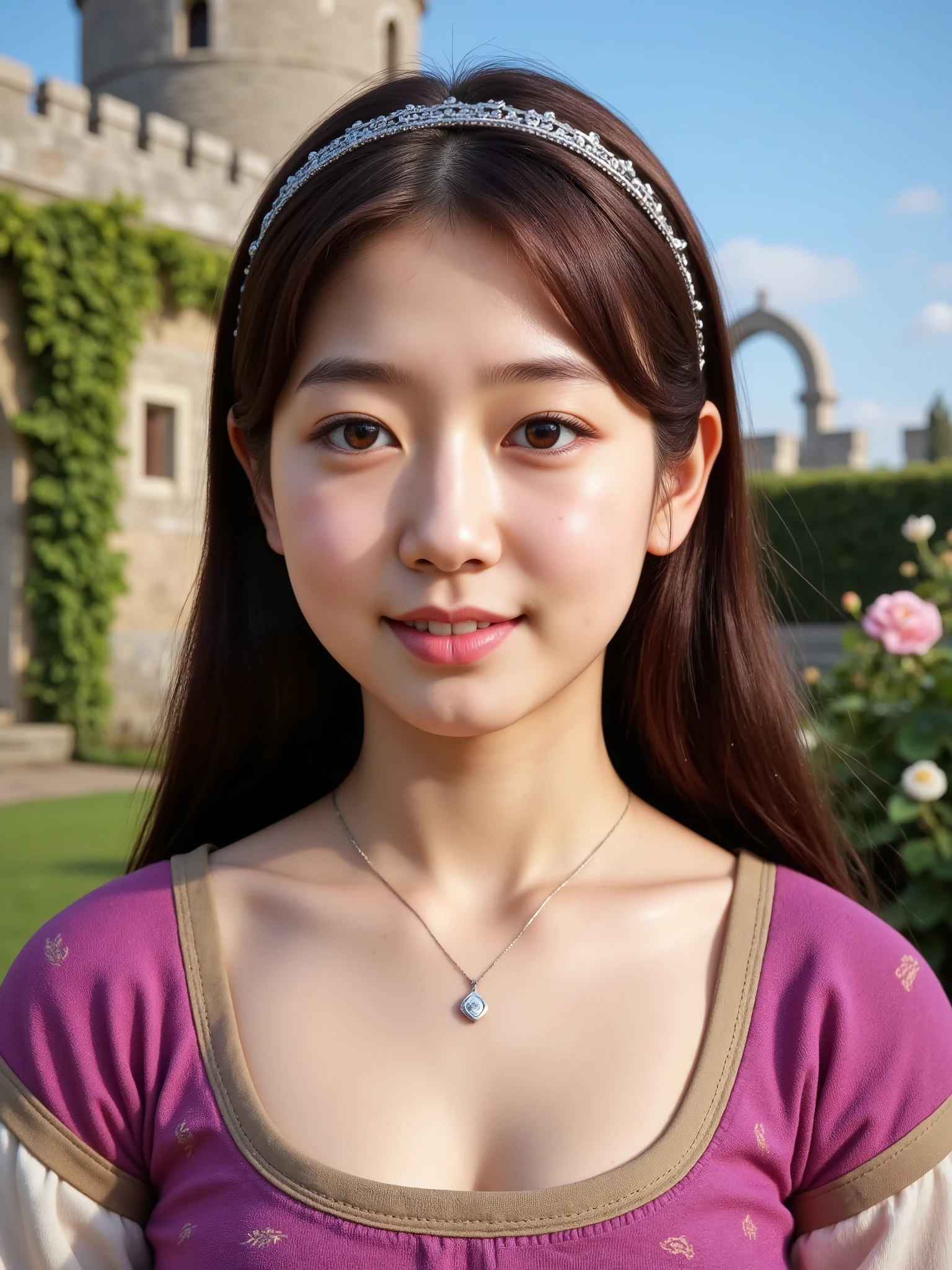 masterpiece, ultra detailed, photorealistic, best quality
young noble girl portrait, medieval style: Character Features (Age 14-16):
- innocent youthful features
- bright clear eyes
- natural rosy cheeks
- fresh complexion
- subtle freckles
- pure bright smile
- playful expression
- flowing natural hair
- graceful young posture
- childlike enthusiasm
- natural beauty
- elegant bearing
- youthful energy
- clear skin texture
- spirited gaze Simple Medieval Attire:
- modest young lady's dress
- simple cotton and silk blend
- light fabric texture
- age-appropriate design
- comfortable fit
- subtle house symbols
- simple embroidery
- practical medieval cut
- flowing skirt design
- natural movement
- gentle draping
- fresh clean fabric
- youthful style
- proper coverage Young Noble Accessories:
- simple silver pendant
- small family brooch
- basic hair ribbons
- casual braided style
- delicate flower crown
- modest jewelry
- fresh wildflowers
- simple hair pins
- young lady's pieces
- age-appropriate details Outdoor Environment:
- castle garden setting
- blooming flowers
- ancient stone walls
- green hedgerows
- morning sunlight
- medieval archways
- garden fountains
- climbing roses
- stone pathways
- blue sky
- castle towers background
- fresh spring atmosphere Technical Excellence:
- natural lighting
- soft focus effects
- perfect exposure
- vibrant colors
- garden atmosphere
- morning golden hour
- fresh air feeling
- ultra sharp details
- premium finish
- youthful glow, (((Korean Youth Girl))), ((Park Shin Hye))
