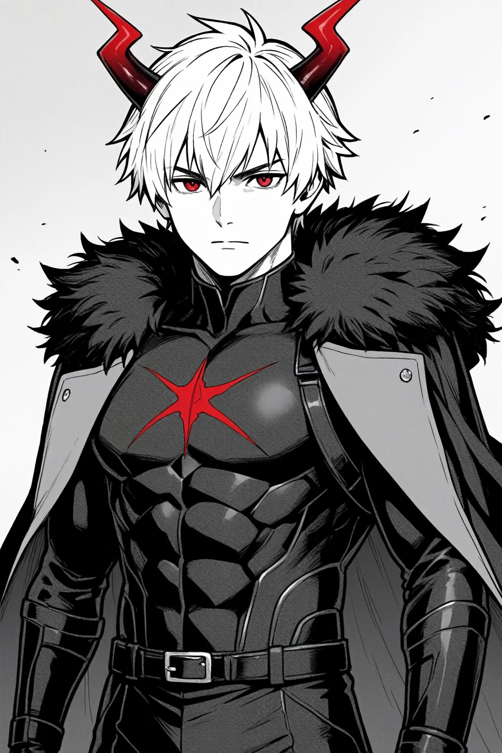 Masterpiece, top quality, 8k, one man, Katsuki bakugo, 15s old,furry cloak over shirtless, necklace, piercings, half-body, shining red eyes, monochrome, line art