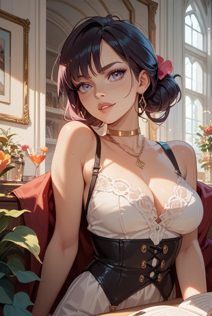 (masterpiece, best quality), 1girl, Antique brass Vintage Pin-Up Curls, Size E breasts, <lora:love_letter_v1:0.8> love letter