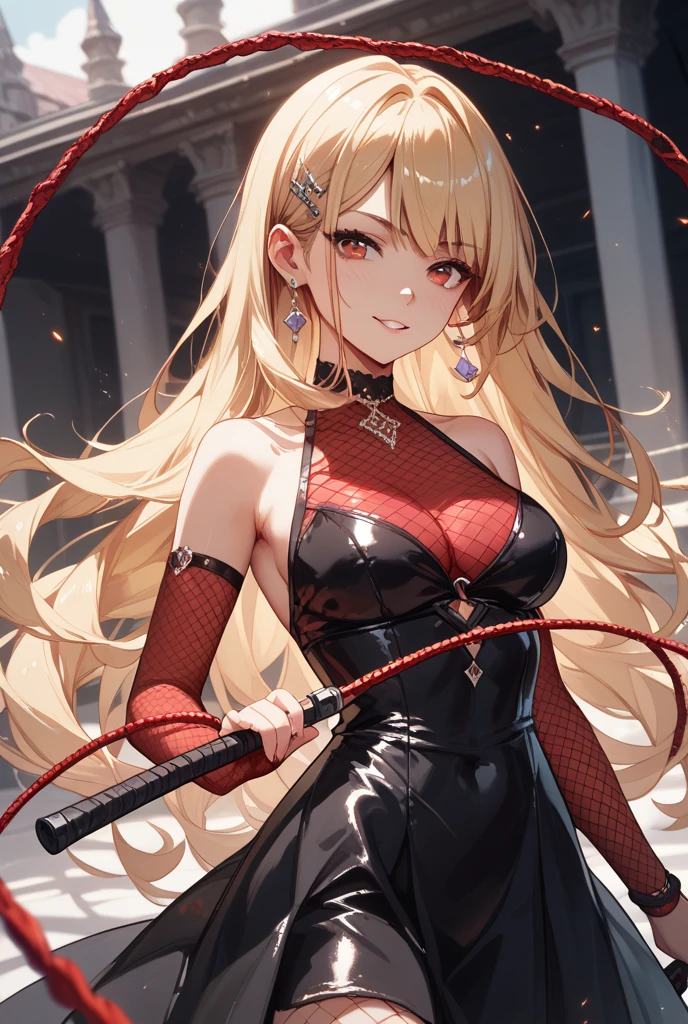 Joel Brier, 1girll, Contre-Jour, exposed bare shoulders, Garden background,White dress, whitegloves, Black hair, bloods, Blood on the face, Blood on weapons, nedium breasts, Keep one's mouth shut, cow boy shot, shift dresses, 耳Nipple Ring, expressiveless, Fingerless gloves, Floating hair, Estampados florales, florals, mitts, gold earring, Blonde headband, hairflower, hair adornments, shairband, halter, holdingweapon, jewely, Large breasts, light particules, Long hair, looking at viewert, off the shoulder dress, cropped shoulders, petals, red - eyed, rosette, rose petals, Rose printing, short long hair, Lateral hair, Solo, Spikes, upper legs, two-sided skirt, two-sided fabric, arma, ((Masterpiece))