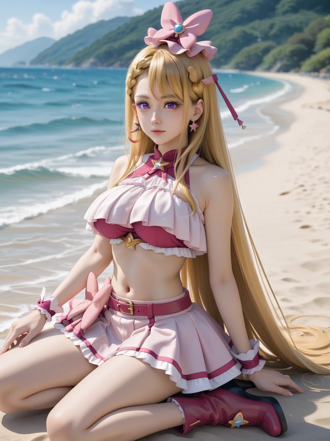 masterpiece, best quality, highres, aapeco, very long hair, ahoge, braid, white hairband, hair flower, yellow flower, hair ribbon, large breasts, bare shoulders, swimsuit, white bikini, see-through, bead bracelet, <lora:pecorine_v1:0.7>, beach, standing, cowboy shot, smile, hand on hip,