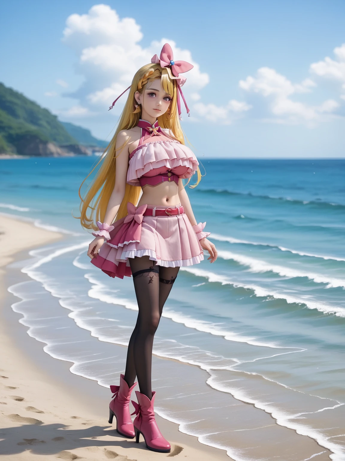 (Masterpiece), (Best Quality), (Ultra-detailed), (Full Body: 1.2) Teen Girl, Light and Detailed, Clear Smile, Full Body, Beautiful Hair, Beach, (((Bikini))), barefoot.
