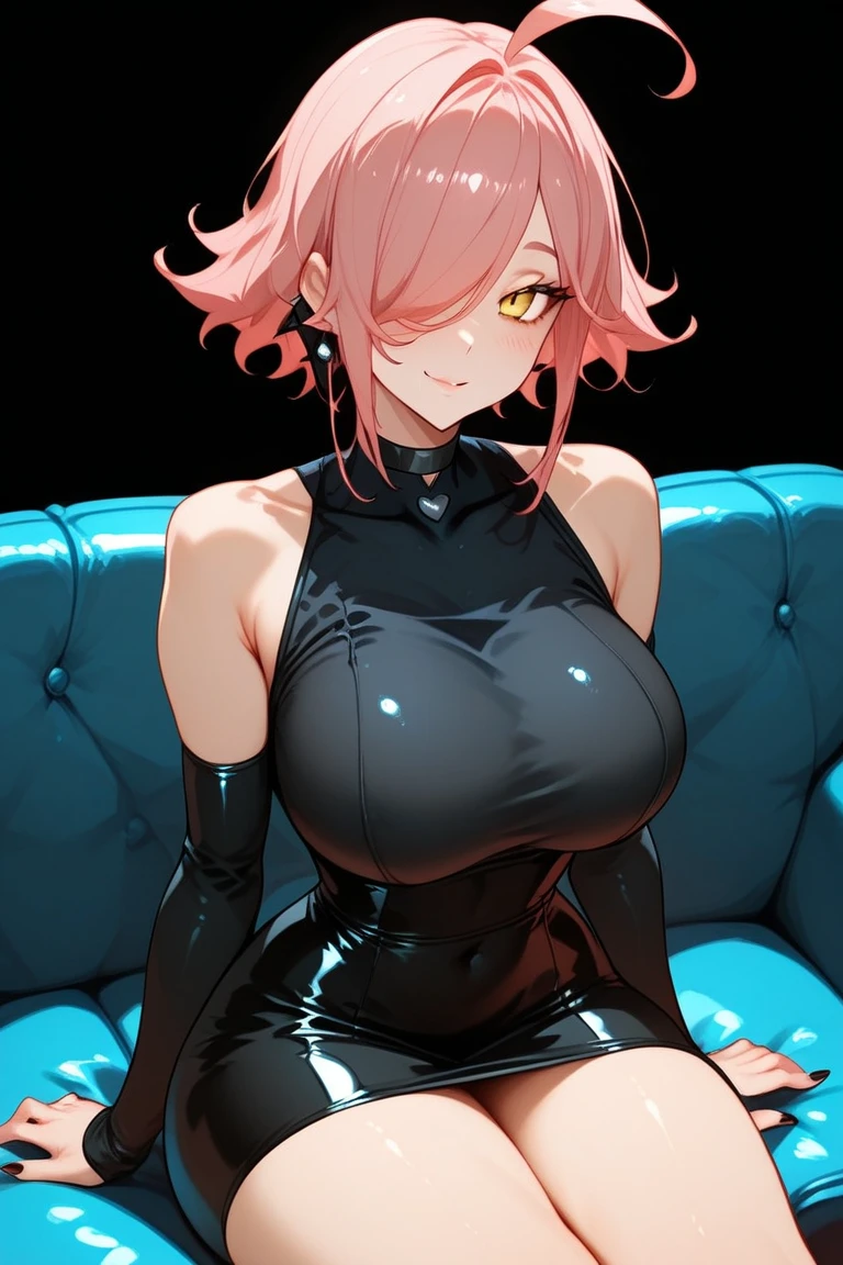 A cute demon has large breasts and short pink hair and pink skin