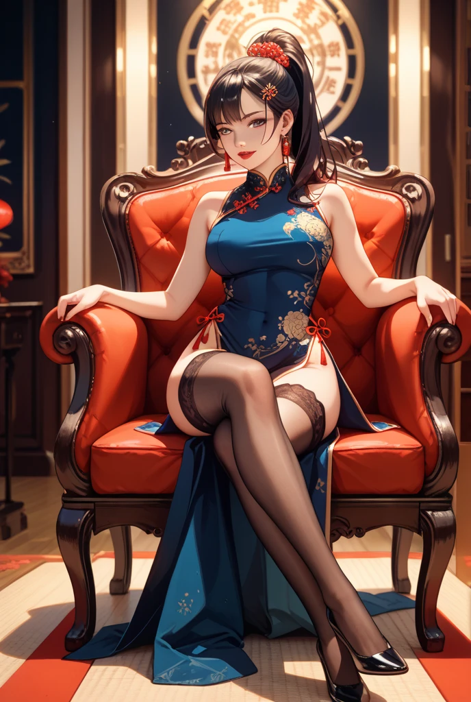 Adult woman, navy blue hair, The ends of gray hair, hairlong, beautiful hairstyle, hair ornament, white eyes, Chinese Clothing, Ornaments, Rings, Heels, Ancient Chinese themes, looking a viewer, sitting at a table, with chopsticks in their hands, Sumptuous dishes, Fantasy art, Beautiful painting of characters, Works of art in the style of Guvaika, epic exquisite character art, stunning character art, Beautiful Killer Woman (reference sheet:1.5