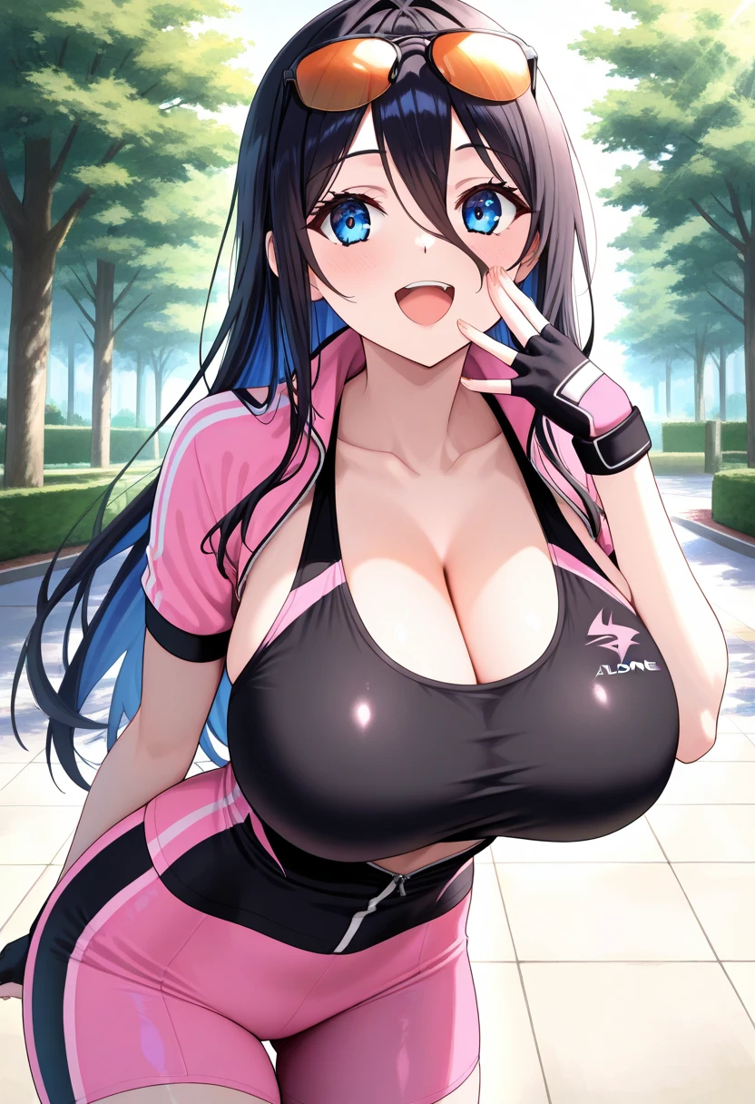 1 female,black hair,25 years old,(((Shiny race queen uniform with exposed belly button)))(((blush、open mouth smile)),(((straight hair))),,,(wet with sweat)(leather thigh high boots)(((beautiful breasts)))