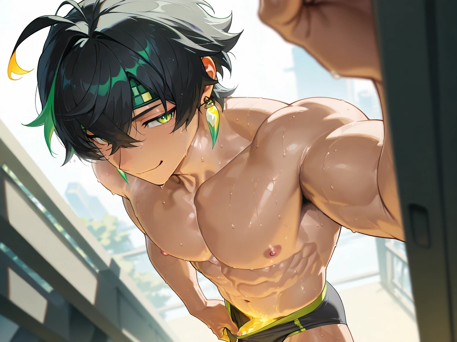 Muscular々A young male android is holding his chest and letting semen out of it、A system error is occurring、He walks towards me while ejaculating from his penis.、Rolling their eyes、Sticking out tongue、Ecstatic face