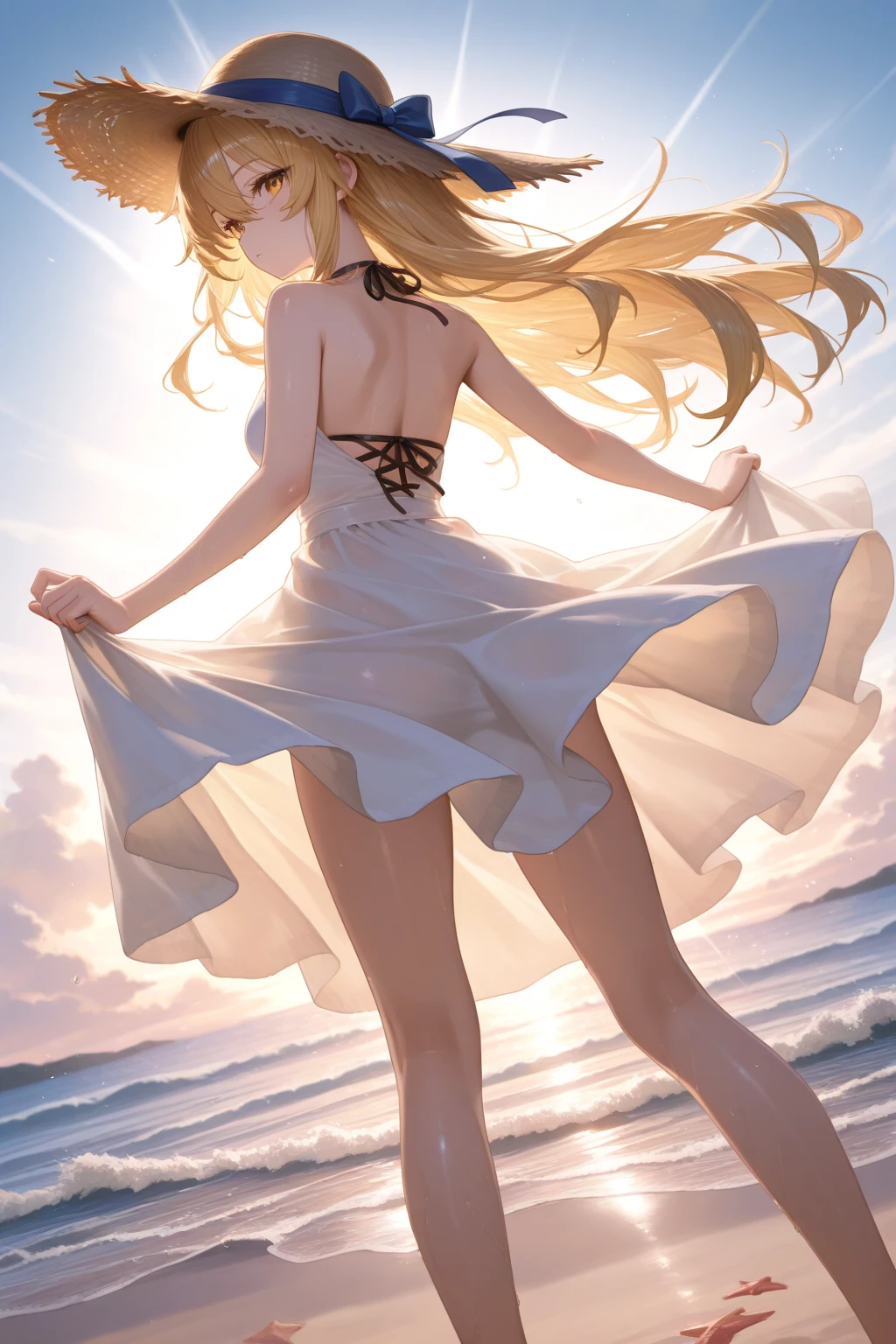 One Girl、woman、blush、cute、Portrait Global Illumination, hdri, Scattered beneath the surface, masterpiece, 4K, Ray Tracing, beautiful, sharp, Smooth Skin,Simple Background、White background、Anime Painting、blonde hair、long hair、White dress、 pointy ears, Attractive thighs、summer、seaside, blue sky, cool clothing, dress, blonde hair, long hair, playing happily"