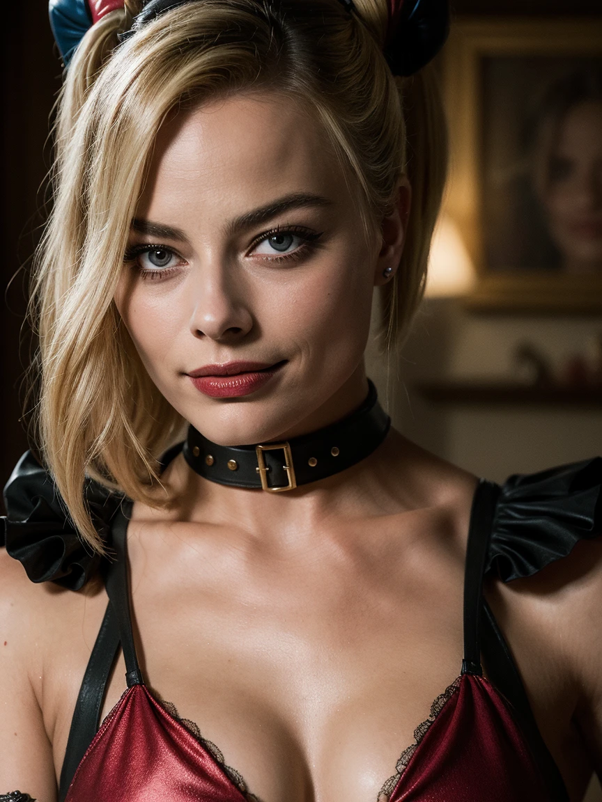 Neutral Colors, Effect: firm features, effect: crow's foot marks on the face, Photo of a mature (Margot Robbie:1.1), ultra gigantic breasts: 1.3, Super Huge Breasts:1.3, ultra huge cleavage:1.3, dominant pose, curvy on the bottom, large and firm breasts, breasts about to burst of her clothing, big cleavage, freckles, blonde, short hair, skin with many freckles and slightly marked by the age of 40 to 55 years and with dripping sweat, harley quinn outfit.
