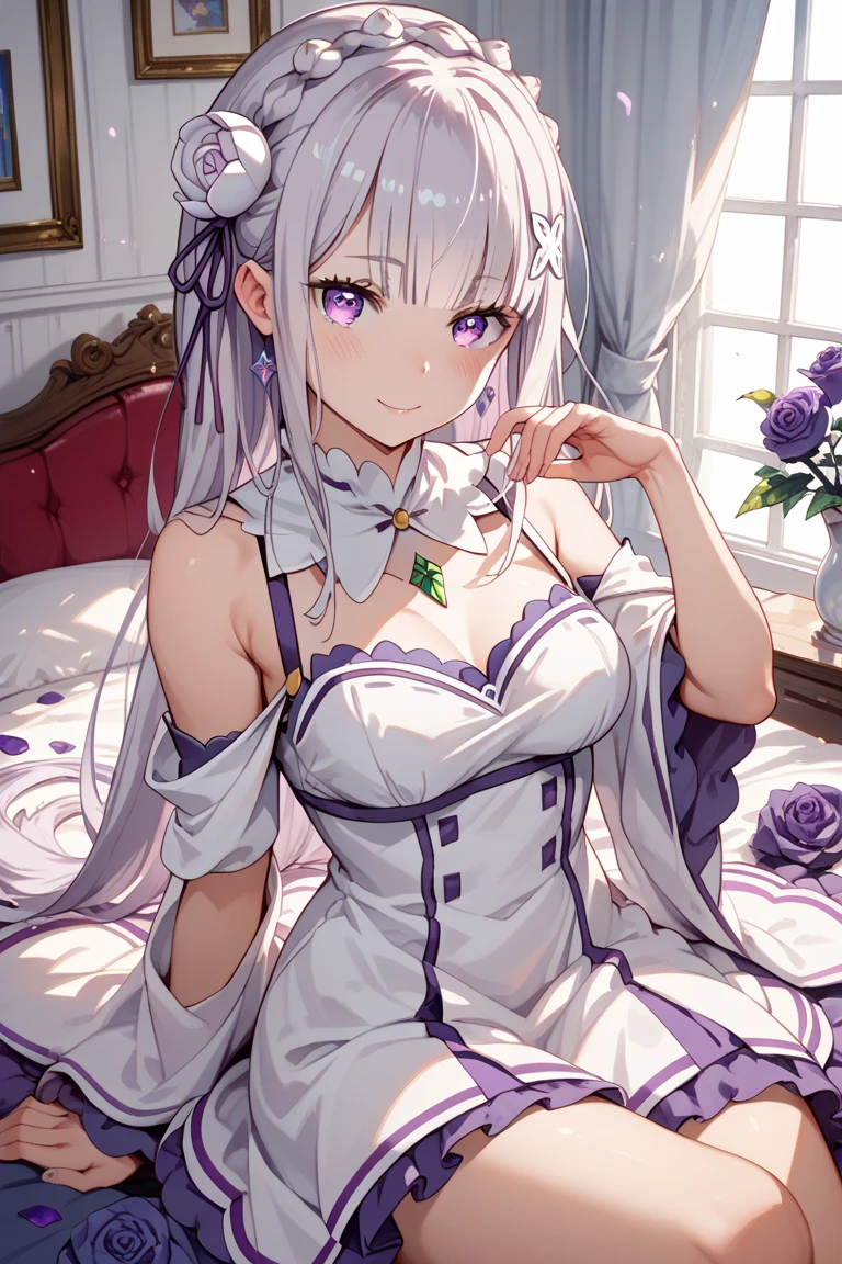 re:zero emilia、emilia、Braid、クラウンBraid、flower、髪flower、hair ornaments、hair ribbon、long hair、pointed ears、(purple eyes:1.2)、gray hair、xhair decoration、 BREAK detach color、blush、Bedroom、masterpiece、highest quality、perfect litthing、by 1girl、underwear、middle breast、purple lace moon bra、Purple ruffled panties、garter belt、、BREAK(masterpiece:1.2)、Highest image quality、High resolution、unified 8k wallpaper、(An illustration:0.8)、(beautiful detailed eyes:1.6)、highly detailed face、perfect lighting、Highly detailed CG、(perfect hands、perfect anatomy)、smile、sit with legs apart