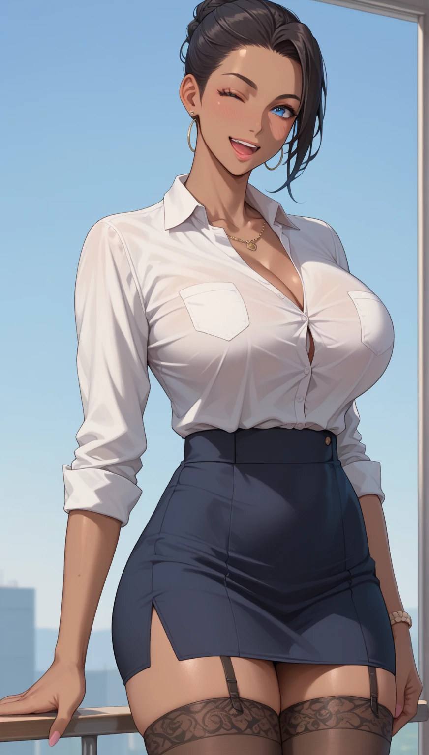 ((((masterpiece, best quality, high resolution)))), Extremely detailed 8K, Beautiful girl with voluptuous body, (Ultra HD, Ultra-detailed, Highly detailed, Highly realistic, Ultra-realistic, photograph realistic), (1girl:1.5), (Realistic black hair), (short wavy hair, hair ornaments, earrings), (dynamic poses), facing at camera, looking at viewer, (blushing red, embarrassed, exhausted, smile), (green eyes, sharp eyes), (massive perky breasts:1.2), (beautiful detailed face, beautiful detailed eyes), ((unbuttoned white translucent blouse, black office skirt)), (detail pussy), (sitting on desk:1.3), sweat, glow, (nightlight), ((cowboy shot)), office room, seductive