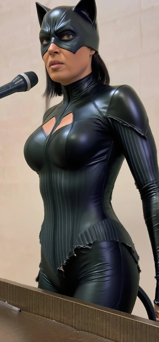 (17 year old female) thin (slender) body, (black hair, short hair, bangs) (purple eyes) (white skin) western face, dark circles, sad and tired and drooping face, thin hips, thin thighs, thin nose, ((best quality)), ((ultra resolution) ), ((Photorealistic: 1.4)), (intricate details), (clothes: black clothes, superhero suit), slim waist.