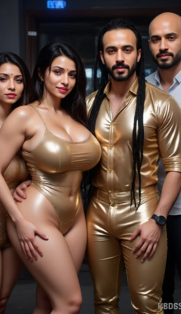 An Indian couple performing sex, shiny Latex underwear, man long hair & beard, woman huge breasts huge ass