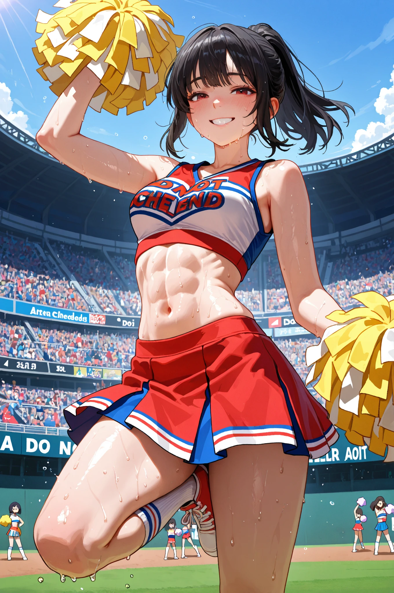 Highest quality,Highest Resolution,A beautiful girl with a crying face, a cheerleader with pom-poms,Sweat flying,Big eyes,Belly button,Underwear that becomes transparent due to sweat,Black hair ponytail,Abdominal muscles,Diagonally below,Arena,support,Outdoor,Sunshine,Open your mouth and drool,Dripping a lot of saliva,