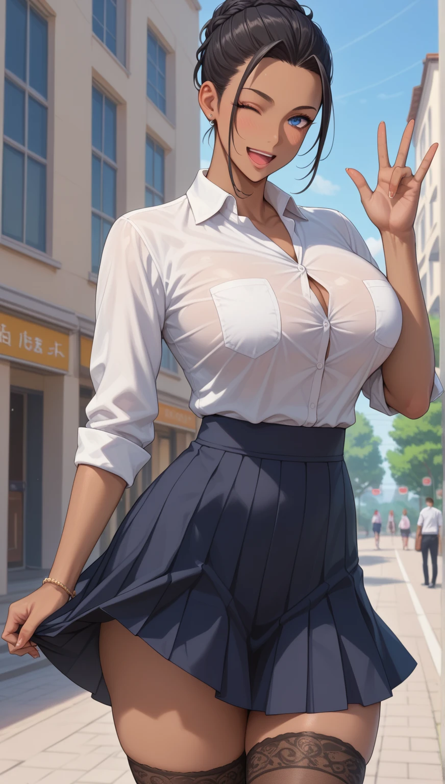 beautiful young white bald girl wearing blue button down shirt and dark skirt meeting you on a street, bald, shaved head, happy, surprised, proud of her bald head, smile, earrings, busty, light blue button down shirt, open collar, unbuttoned, (unbuttoned cuffs), cleavage, dark skirt, detailed