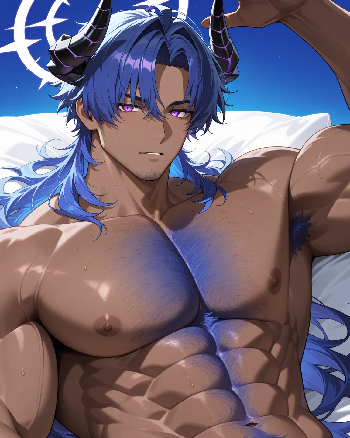 In a nocturnal scene reminiscent of the vibrant world of Runeterra, a lone man with long blue hair reclines on a bed, indulging in self-pleasure. His lean, defined physique emits an aura of raw sensuality against the backdrop of the dimly lit room. The ambiance is enhanced by tapestries that evoke the mystical landscapes found in the League of Legends universe, infusing the space with an enchanting charm.

From above, the camera captures him in a pose that exudes both sensuality and allure, his legs spread invitingly apart. Every contour of his body is sculpted with an artist's precision, illuminated by the soft glow of moonlight filtering through the curtains. His long, flowing hair cascades down, framing his face with an ethereal elegance, each strand seeming to shimmer with the same enchanting glow as the celestial beings that populate the game's lore.

With effortless confidence, he leans back slightly, arching his back to accentuate the curves of his lithe form, inviting the viewer's gaze to linger on his slender body. His bare chest rises and falls rhythmically with each breath, a tempting invitation to explore the depths of desire hidden within him.

Soft ambient light bathes the room, casting gentle shadows across his skin, accentuating the contours of his body in a captivating play of light and shadow. His eyes, deep pools of cerulean blue, burn with a seductive intensity, drawing the viewer deeper into the allure of his gaze.

It's a scene that captures the essence of temptation and desire, evoking the same sense of mystique and allure that permeates the world of Legends of Runeterra. With each glance, the man lying in bed entices the viewer to lose themselves in the intoxicating embrace of fantasy and desire.