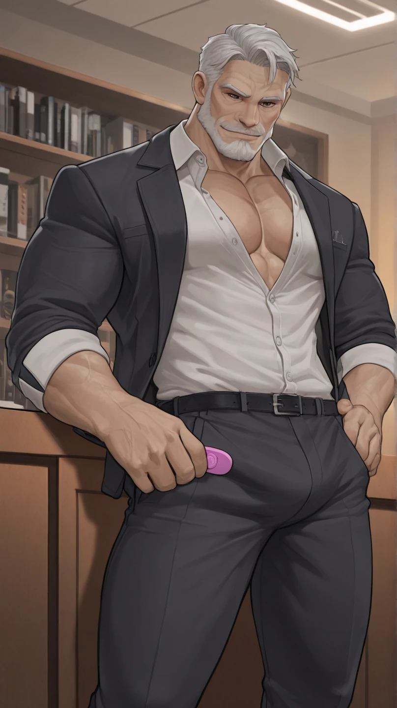 A sexy british male model, with gorgeous face and stylish black hair and short beard wearing a suit, homoerotic, nsfw,in office, (penis)