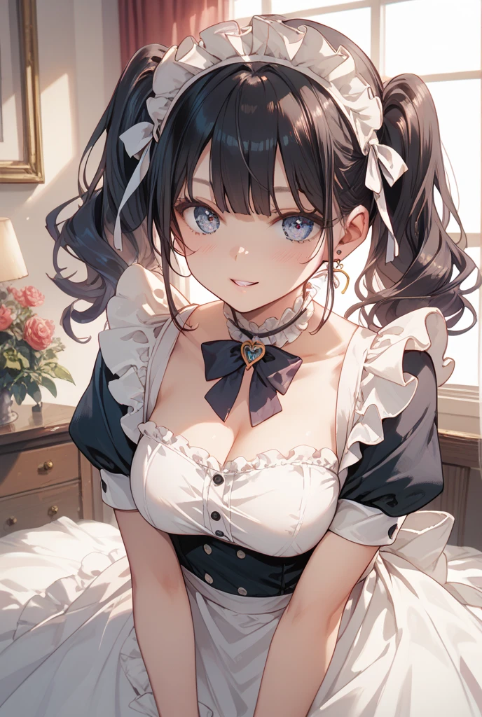 ((masterpiece, best quality)), St. Louis \(luxury wheels\) \(Azur Lane\), Highres, highest quality, illustration, cinematic light, ultra detailed, detailed face, (detailed eyes), best quality, hyper detailed, masterpiece, (detailed face), large breasts, hair ornament, earrings, necklace, portrait, pink underwear, revealing clothes, higher details, luminous eyes, (bedroom: 1.2), sitting on the bed, sitting, bed, window, night sky, backlighting, light rays, (high contrast), (colored), anime, cute, maid