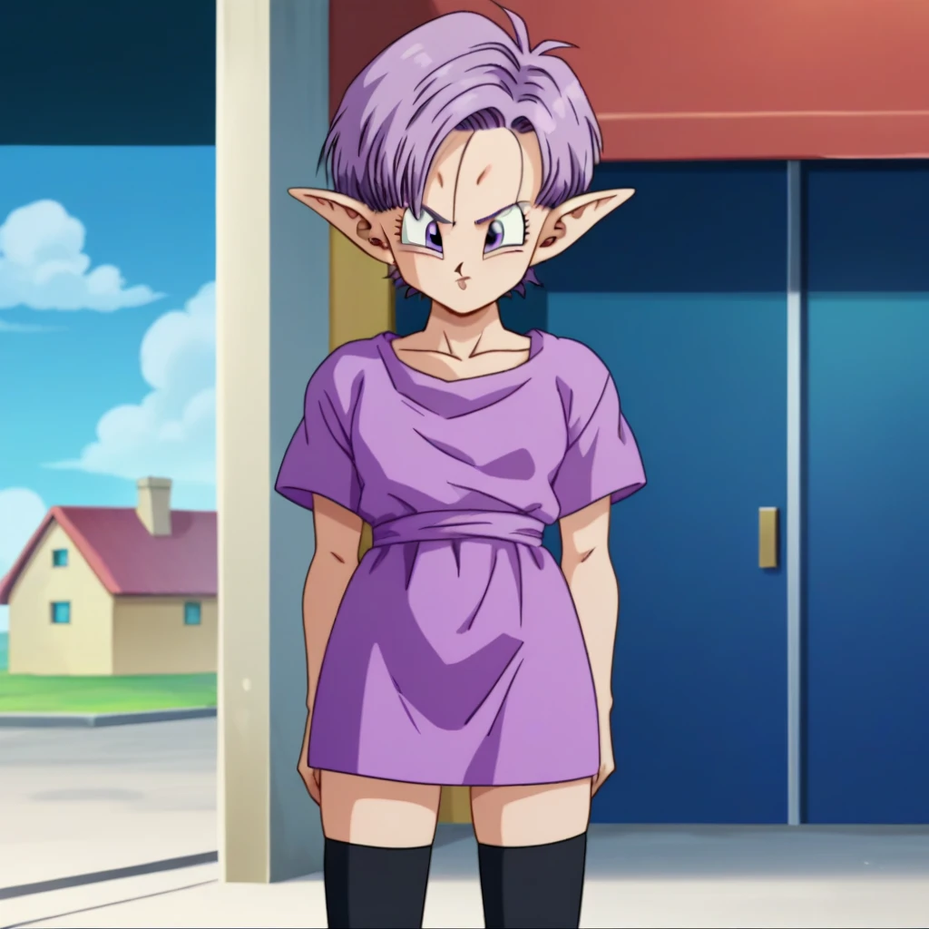 bulma, 1girl, solo, looking at viewer, open mouth, blue eyes, upper body, purple hair, hair bow, outdoors, sky, day, :o, character name, vertical-striped dress, tree, eyelashes, grass, nature, clothes writing, close-up, scarf, braided ponytail,1girl,masterpiece, expensive quality, very_expensive_solve, big_file size, full color,(completely nude:1.2),pussy,niplles,(vaginal sex:1.2),(toddler:1.6),(chibi:1.3),(flat chest:1.5),