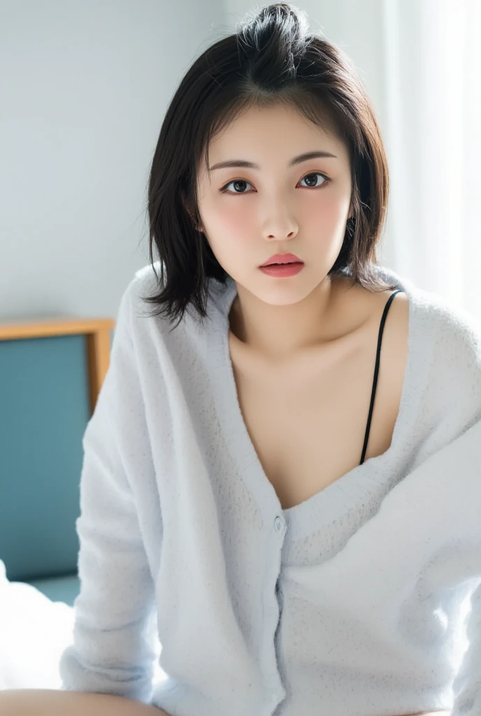 masterpiece, highest quality, 8k, 20th Generation, Large Breasts, cute, alone, sad,cute、lonely、 cute, Girlish, Delicate girl, Pure beauty,  RAW Photos, Professional photography, Head to knee photo、, Soft Light, Professional Lighting, Backlight, Upper Body, avert your eyes, Sophisticated, Film Grain, (Eyes and facial details:1.0), Short floating hair, Beautiful, flowing hair, bangs, T-shirt and greyish blue cardigan、(Large Breasts:1.0)、Saggy breasts、You can see a little bit of the chest、Voluptuous thighs