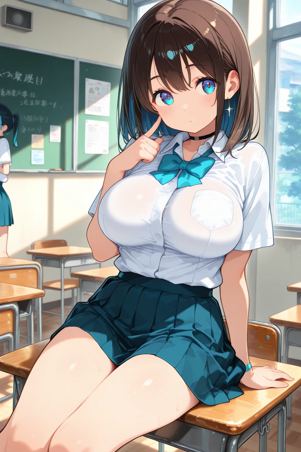 (Adult women:1.3)、Exact finger count、Exact number of legs、Exact number of arms、bangs, brown hair, (blush:1), (woman puts her right hand in her panties:1.7), fingering, (pussy juice:1.2), (A woman is massaging her breast with her left hand:1.6)、navy blue blazer costume、That costume has a navy blue corset.、That costume has a ribbon on the collar.、The costume covers the shoulders, sides, upper arms, and arms., That costume only opens wide at the chest.、Knee-high socks、Idol style skirt, (Fashionable underwear with many detailed and luxurious decorations:1.3), Ribbon at collar, (White horizontal lace panties with a lot of lace:1.3), (white lace bra:1.2), Sexy Underwear, Knee socks、 Beautiful big breasts, (Erect nipples:1.2), The skirt is flipped up、, (shirt lift:0.9), ( show off bra:0.98), highest quality, High resolution, (Detailed and beautiful eyes:1.6), Highly detailed face, Perfect lighting, Extremely detailed CG, (Perfect hands, Perfect Anatomy),Embarrassed expression、The expression that you are holding back from going to the toilet, (sexual pleasure expression:1.4), (Anguished expression:1.2)、close your eyes、Sexy expression、look upward、Mouth half open、Climax、(In the classroom、During class、In front of a large number of students:1.5)、whole body