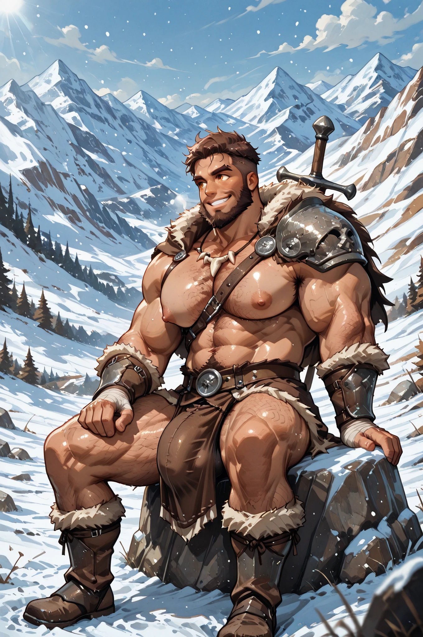 Mighty warrior, shirtless upper body, legs exposed from thighs to feet, cascading long curls, detailed muscular physique, lifelike depiction, 4K resolution. Background: Snow-covered mountain peak,32k uhd, best quality, masterpiece, super detail, high details