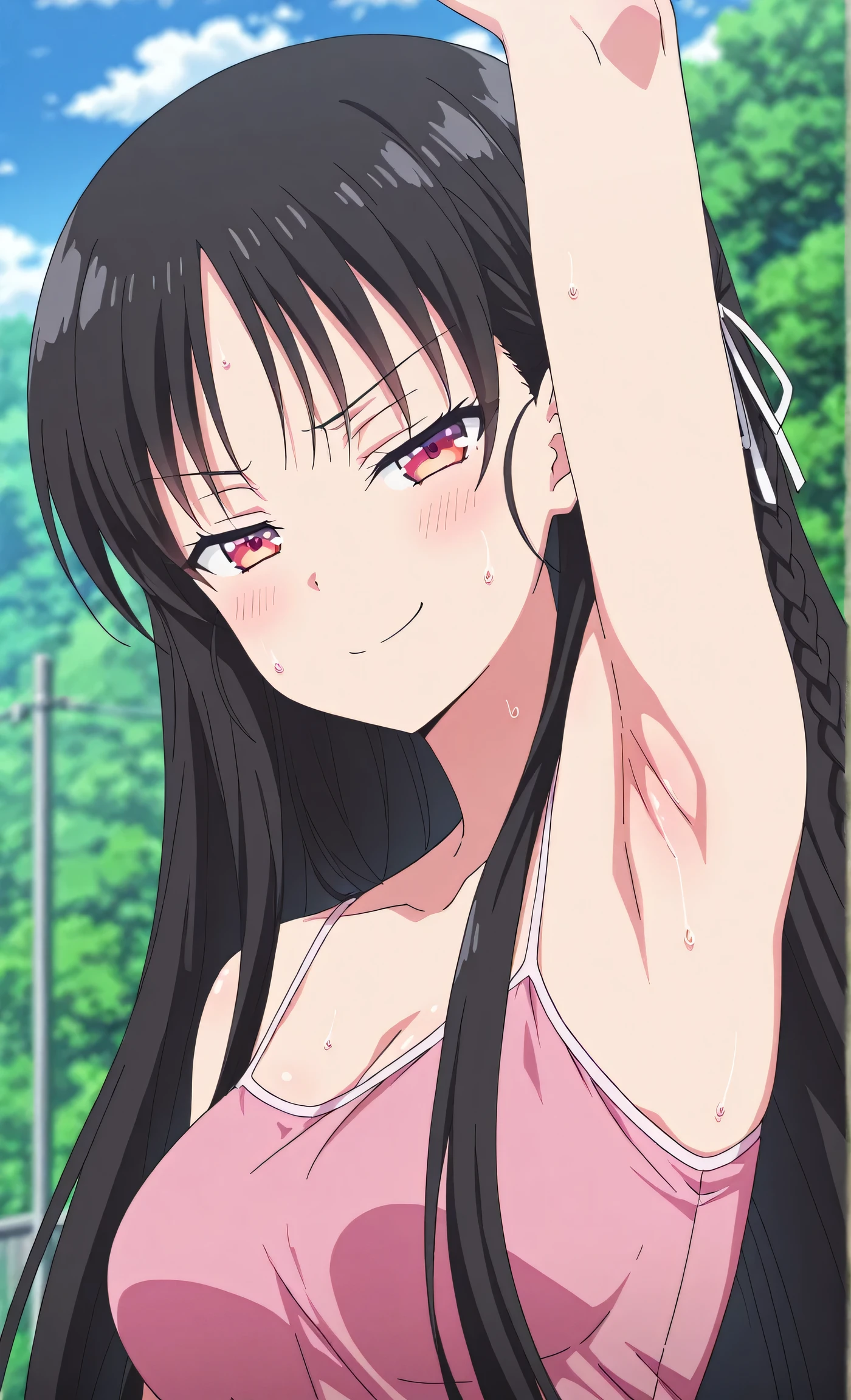 masterpiece, highres, solo, 8k, detailed, perfect face, best quality, (ultra high quality), (looking at viewers), (armpit), collarbone, bare arms, medium breast, cleavage, black hair, long hair, two pigtails, (hair covered one eye), red eye, belly, stomach, navel, abs, sarashi chest, bandaged breast, (red hakama), slim body, upper body, smile, blush, open mouth, at forest, hand up