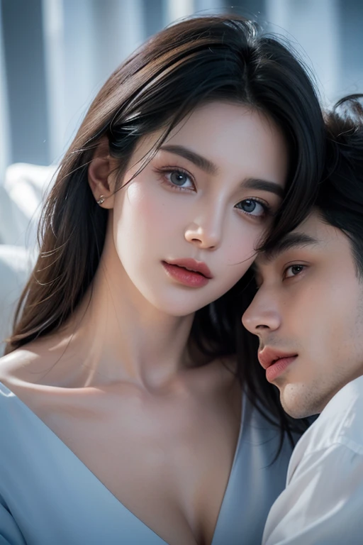 Masterpiece, high quality, high resolution, ultra detailed, perfect anatomy, (((1 boy))), beautiful boy, shaved beard, muscle, beautiful eyes, detailed eyes, big eyes, (1 girl), beautiful girl, goddess,((((1 boy and 1 girl)))),((couple)), duo, ((face focus)), hetero, beautiful breasts, nude, portrait, hug
