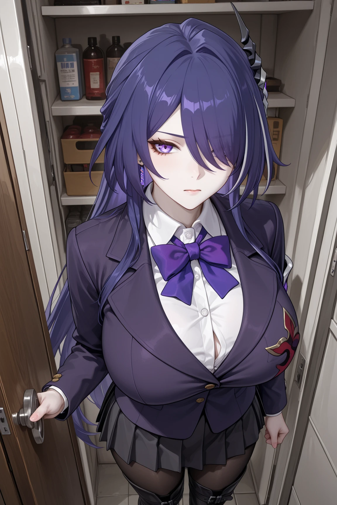 (best quality:1.1), (masterpiece:1.4), wallpaper, , upper body, , anime coloring, (realistic:1.4), 1girl, solo, <lora:dolce_synduality_noir:0.92>, dolce_synduality_noir, purple hair, green eyes, , , little red riding hood costume, The Isle of Doom,