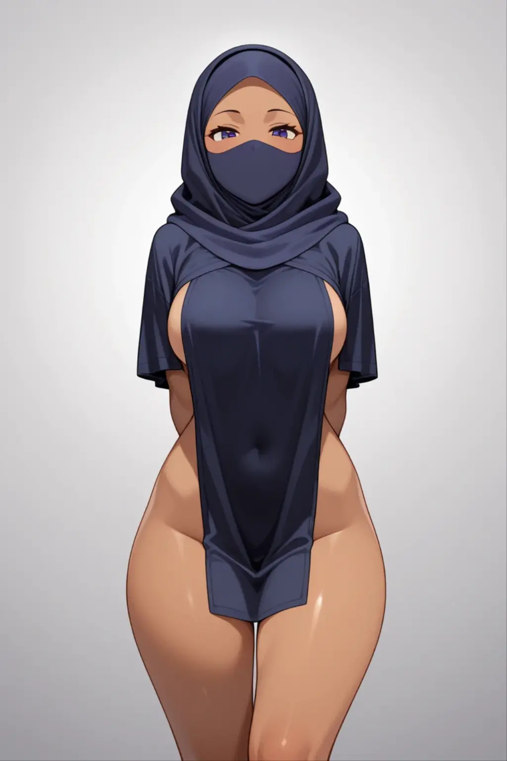 Angry looking muslim woman wearing a black Hajib. facing the camera, solo, hands on hips. Big breasts. Arms and legs covered in a black hajib. Erect nipples.