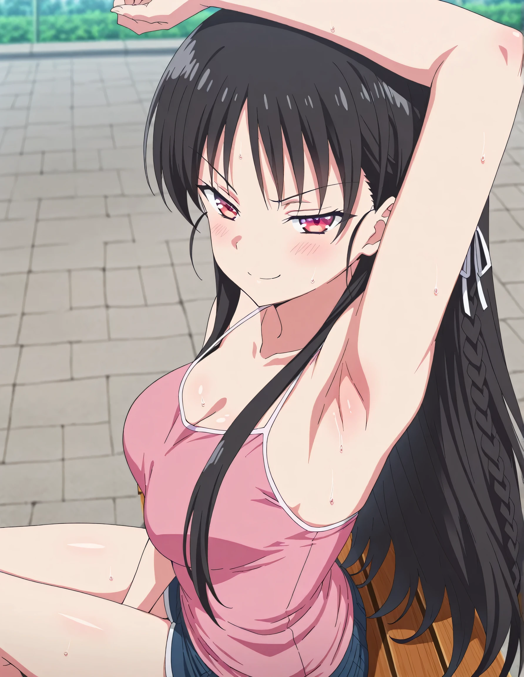 anime girl with black red hair and eyes wearing a vest, render of april, shizuka,hot,sayori, sexy dress,close up iwakura lain,big boobs, 8k portrait render, render of a cute 3d anime girl, photorealistic anime girl render, smooth anime cg art, close up of a young anime girl, anime visual of a cute girl, rin, anime moe artstyle