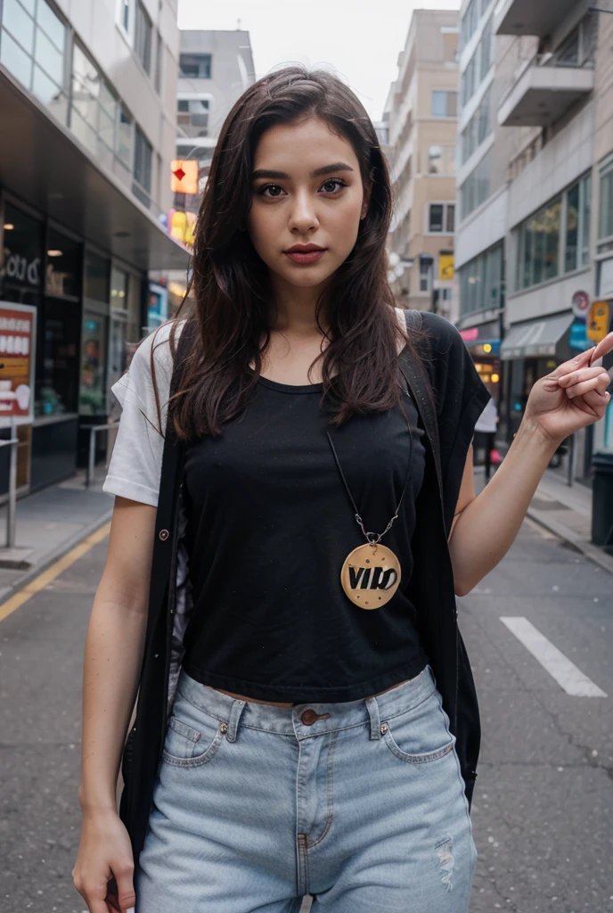 Hot girl in black ruffle dress holding a small banner written four thousand 