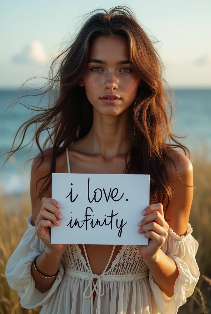 Beautiful girl with wavy long hair, bohemian dress, holding a white board with text "I Love Seaart Infinity" and showing it to the viewer