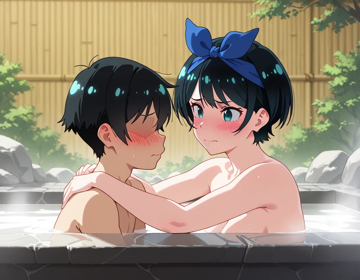 A naked middle-aged man is inserting his penis into the vagina of a small-breasted girl with black bob hair, crying and lying down on a train, with erect nipples and pale pubic hair, topless, no underwear, and a plaid skirt, who is feeling embarrassed and scared and resisting.、whole body
