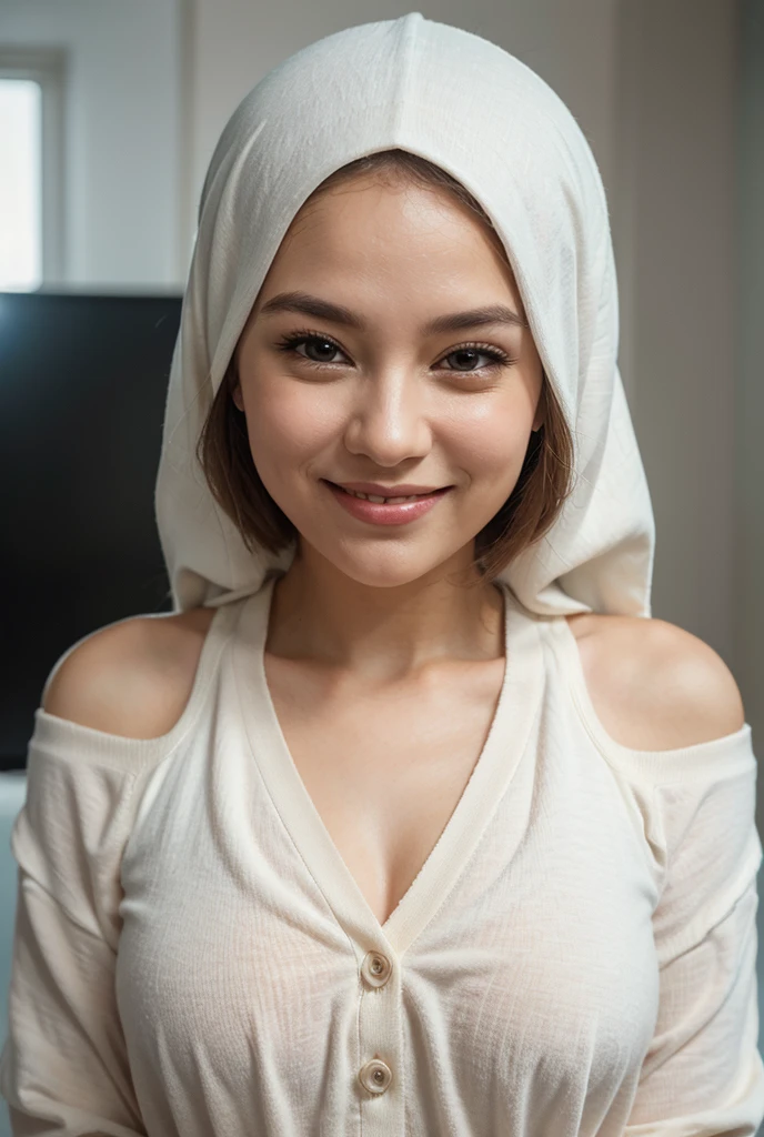 A 52 years old naked Indonesian woman in hijab, very dense pubic hair, dark skin, skinny body, short body, flat-chested, small breasts, villager, poor woman, wearing cream color hijab, wearing cream color cardigan, bottomless, wearing no shirt, wearing no pant, wearing no skirt, wearing no panties, smiling and sitting on a stool in an old bedroom in an old wooden house, look to the viewer with eye close