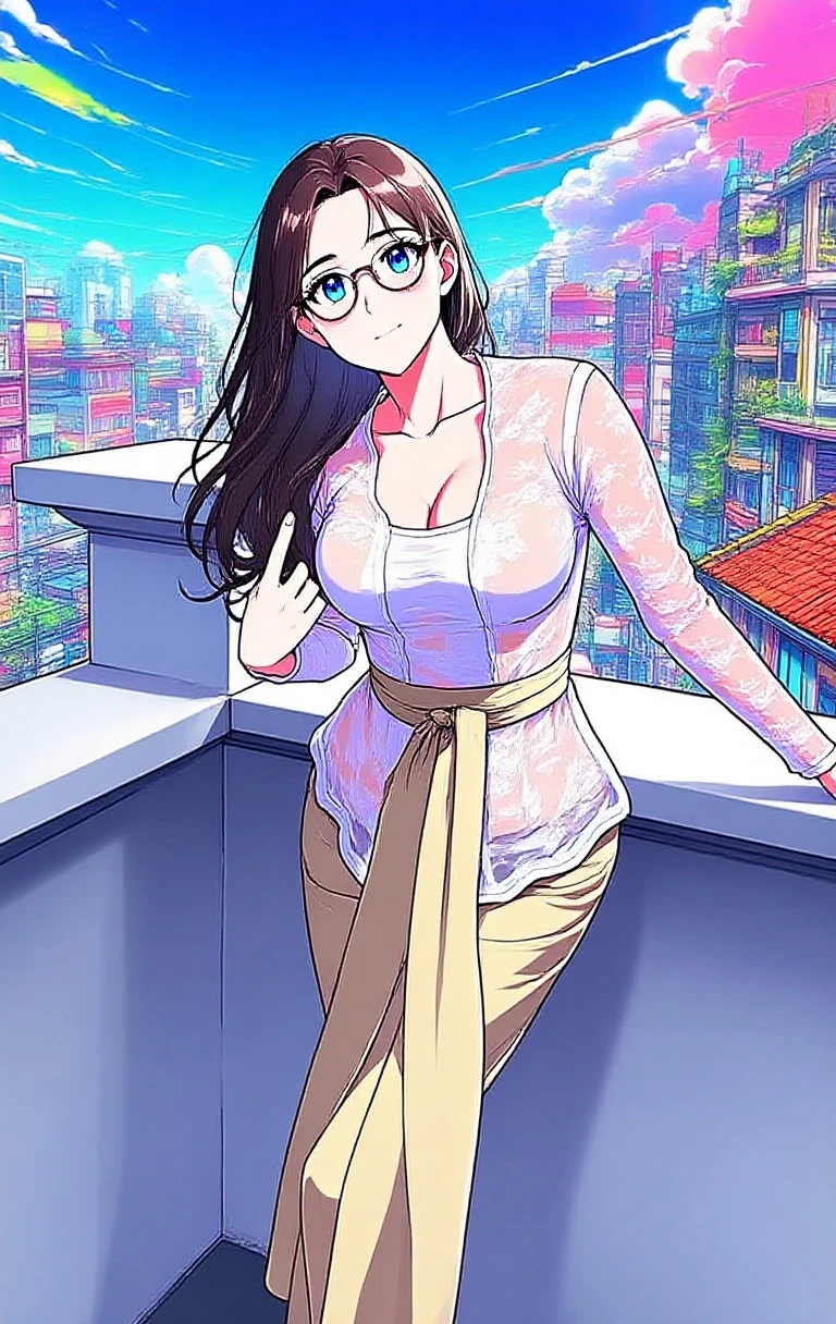 masterpiece,best quality,,mature female,sagging breasts,long_hair,glasses,cleavage,pantyhose,brown_hair,one_mole_on_breast, glasses, 1girl, solo, black_hair, breasts, sitting, long_hair, cleavage, city, dress, crossed_legs, building, jewelry, cityscape, handbag, necklace, looking_at_viewer, bag, medium_breasts, parted_lips, short_sleeves, skyscraper, short_dress