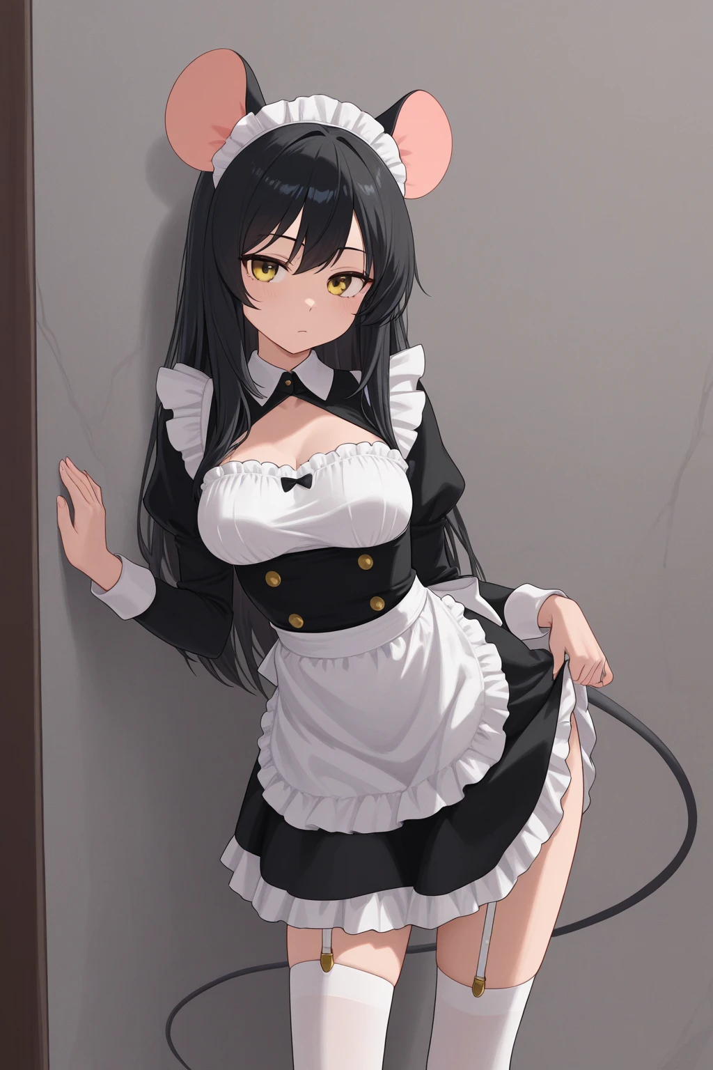 Beautiful illustration、masuter piece, (​masterpiece、top-quality、8K ),intricate detailes,ultra-detailliert,softfocus、Black hair,Straight hair, long, Blue eyes, small tits、a junior high school student, 12year old、Cat's ears、tail、((((Maid Lingerie)))),Poses that fascinate a man、