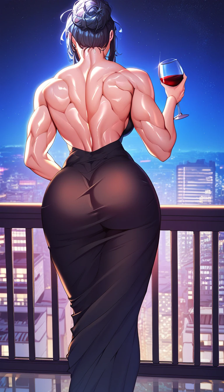 (incredibly beautiful full body photo, standing, (((bright eyes))), good anatomy, perfect hand muscular legs))), thin waist, muscular abdomen, wearing black high heel shoes, (((with her back to me showing her big shapely ass to me)))