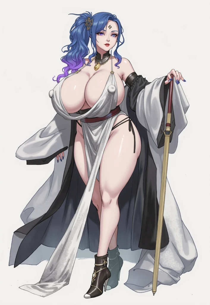 "(masterpiece:1.1), best quality,
1girl, (80s anime style:1.4), (eyelashes:1.5),
(intricate high detailed body:1.2),
green hair,
(hair between eyes:1.1), (short hair:1.1), (nun wimple:1.2),
blue eyes, (thick eyebrows:1.1),
(curvy body:1.2), (gigantic breasts:1.1),
shy,
(see-through cloth bikini armor, tattoo:1.2),
(belts:1.1), (hoop earrings:1.1), collar,
standing,
(full body:1.1),
(simple white background:1.2)"