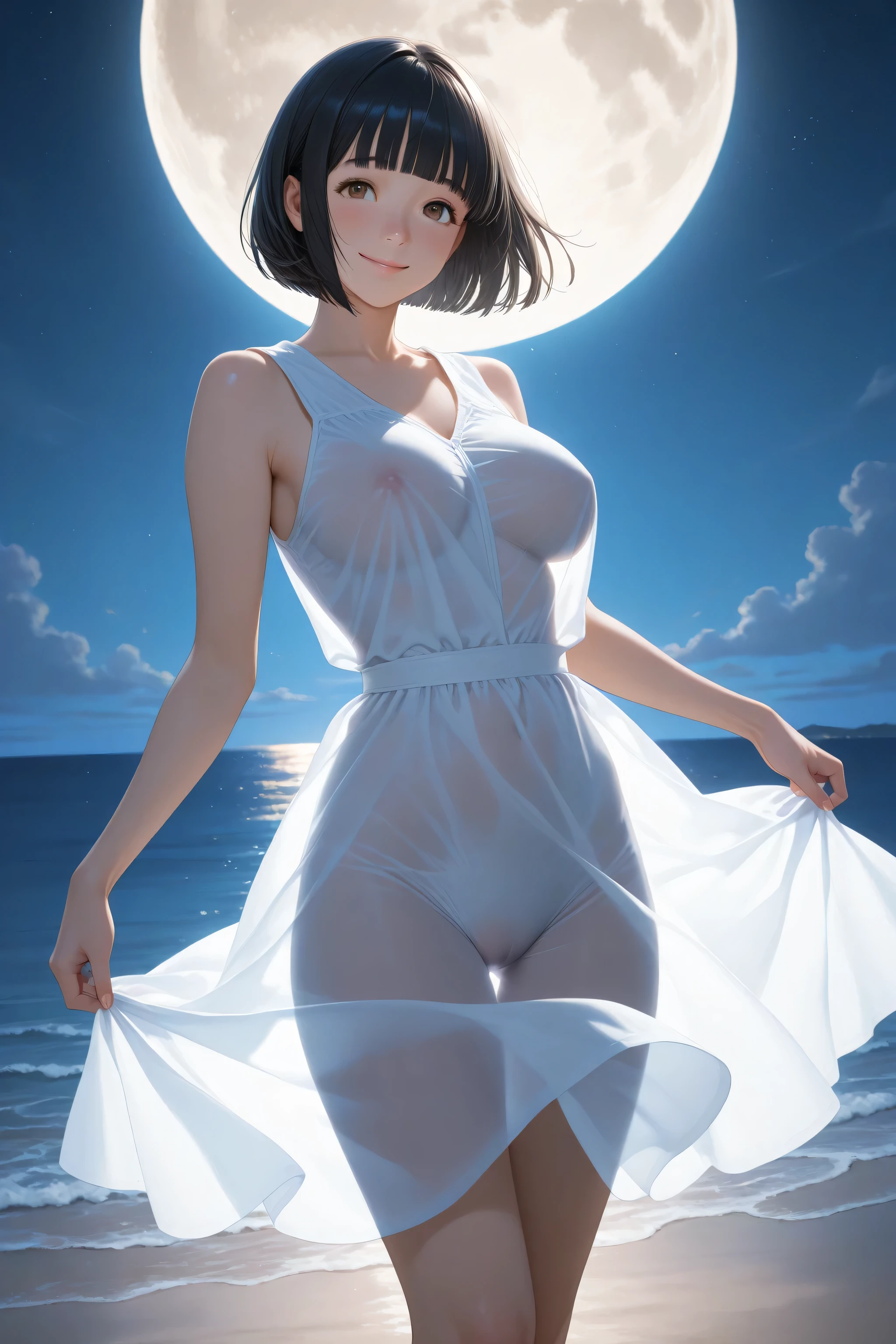 It generates a beautiful young woman with big breasts, bathed in moonlight, dressed in transparent clothing, with white skin, pink nipples, short black hair, brown eyes, sexy, walking down the stairs, showing her breasts in a provocative way, with a passionate expression, who has cum on her breasts, while she sucks a horse penis, with a horny expression, she places a large penis, with a lot of horse semen between her big and buxom tits.