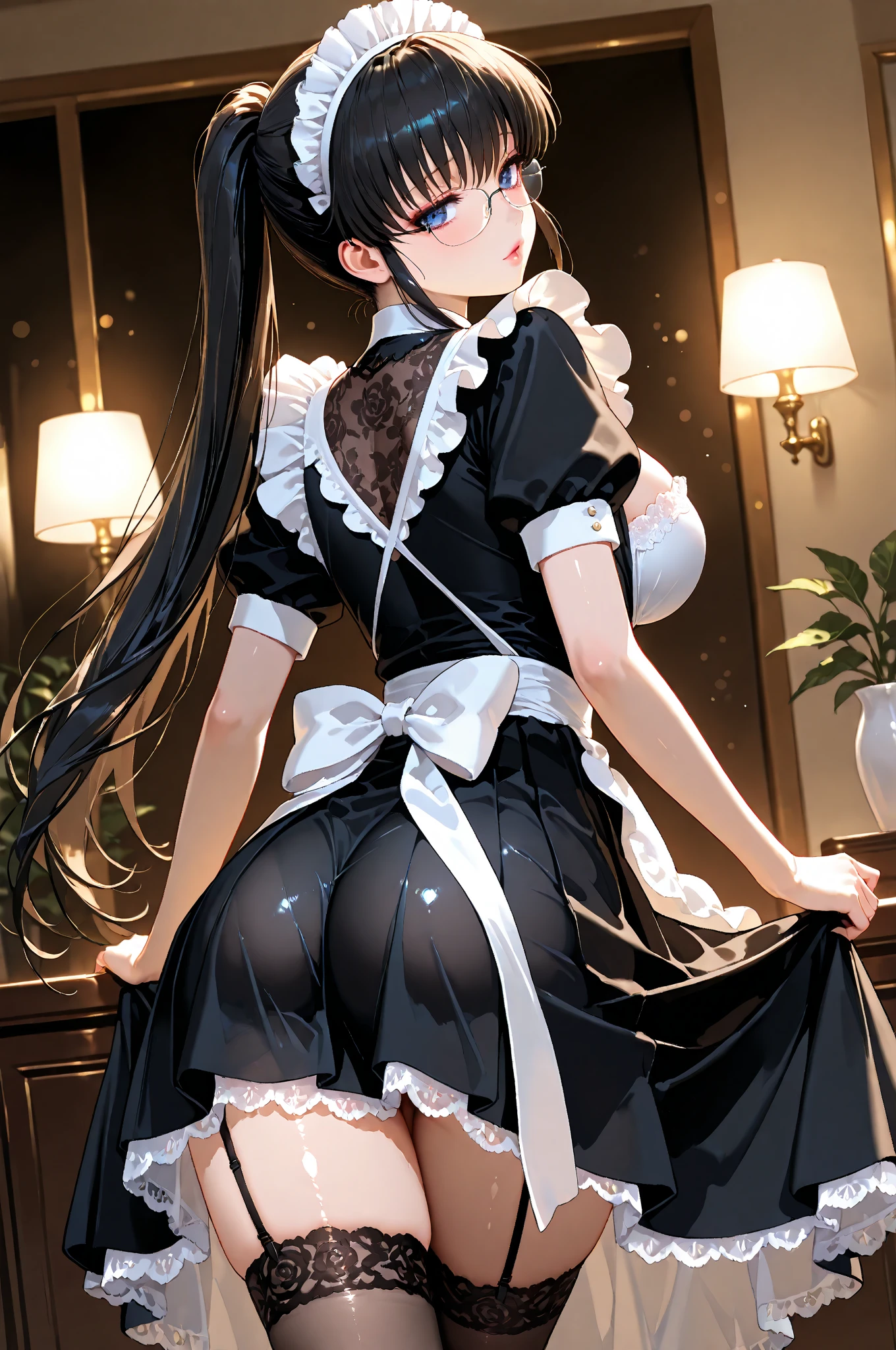 masterpiece, best quality, ultra detailed, 1girl, dark skin, twin tails, ,maid clothes ,panties under pantyhose, open legs, leaning forward, ,looking_through_legs, looking back, from behind,