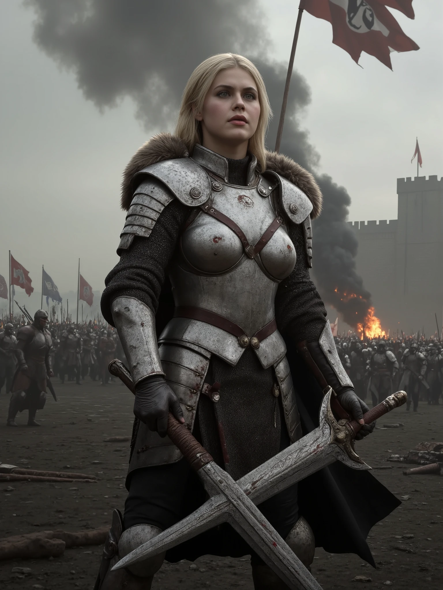 masterpiece, ultra detailed, best quality, medieval fantasy, (powerful warrior character:1.2), intricate detailed armor [weathered metal plates, leather straps, fur trim, engraved decorations], (authentic medieval weapon design:1.2) [detailed sword/axe with ornate handle, battle-worn blade], dramatic battle pose, determined expression, war-torn battlefield background, (multiple armies clashing in distance:1.1), burning siege weapons, castle walls in background, stormy dramatic sky, flying banners and house sigils, battlefield smoke and fog, dynamic lighting from fire sources, falling snow effects, realistic metal reflections, battle damage on armor, blood stains on weapon, mud and grime textures, fur cape flowing in wind, detailed leather textures, chain mail details, epic scale, atmospheric perspective, volumetric lighting through smoke, dramatic shadows, professional fantasy photography style, cinematic composition, medieval color palette, ultra sharp details, motion blur on action elements, perfect depth of field, Game of Thrones inspired aesthetic, ((1girl))