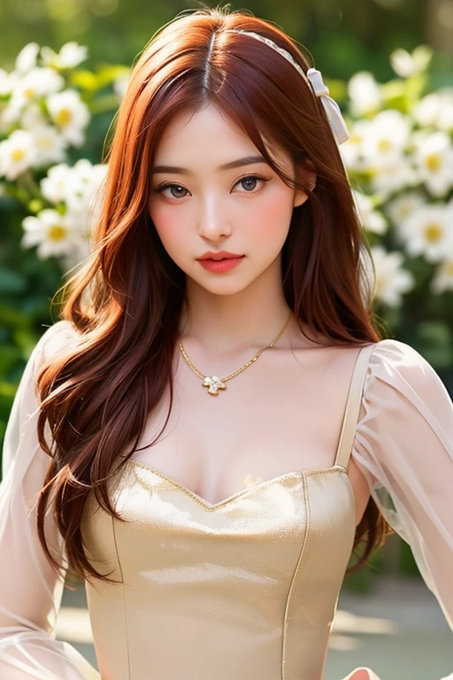 Tzuyu 1, woman, (Realistic), (Hyperrealism), (photoRealistic), Written boundary depth, eye make up:0.7 (whole body:1.8), (Large Bust),(Tight waist), Observe the audience,At the flower garden, Fashion Model, A sexy sheer dress made of all lace with an open shoulder and neckline.
