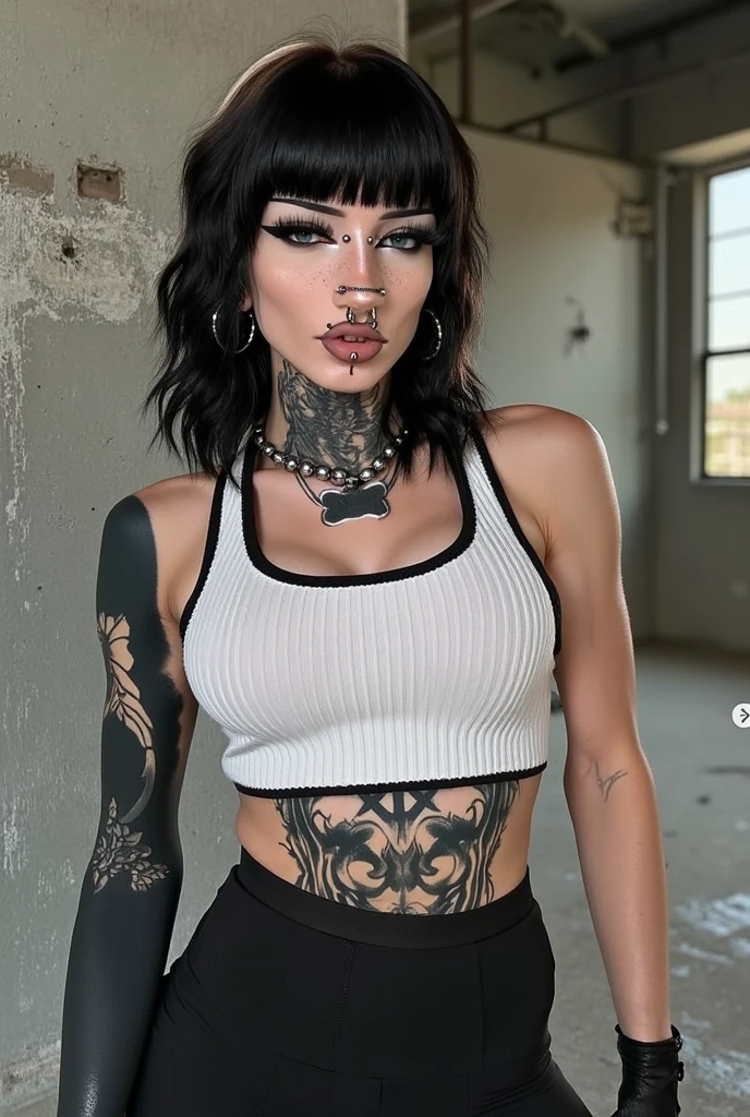 Young goth, wearing a black crop top with a skull design and jeans, in the background a worn gray wall, big boobies, muslos grandes, Demonic tattoos